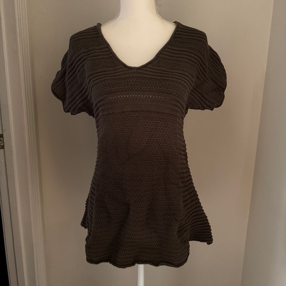 Calvin Klein Jeans Brown Knit Crochet V-Neck Short Sleeve Tunic Top Size M - Picture 1 of 7